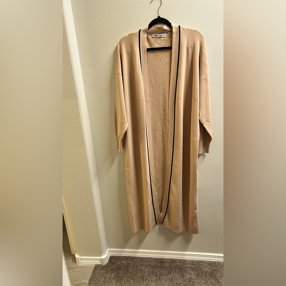 Zara Long cardigan, size 4, beautiful tan color with navy blue stripe.